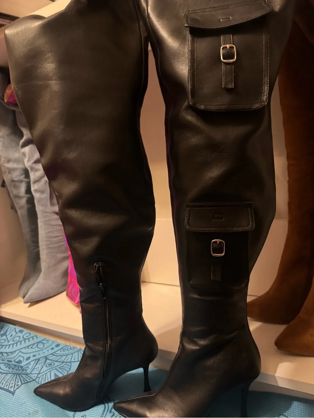 Steve Madden Black Over-the-Knee Pointed Stiletto Boot with Buckle Pockets